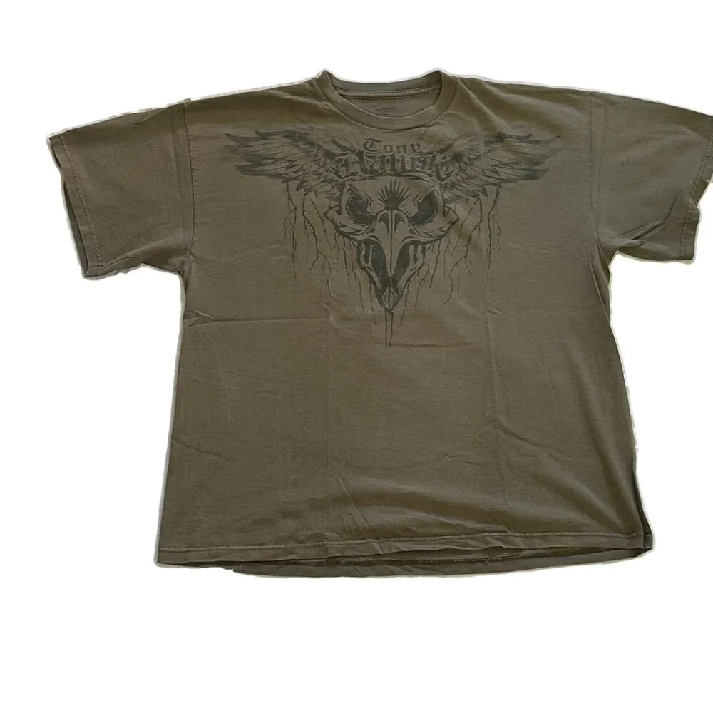Y2K Tony Hawk Olive Green Graphic Tee with Skull Wings